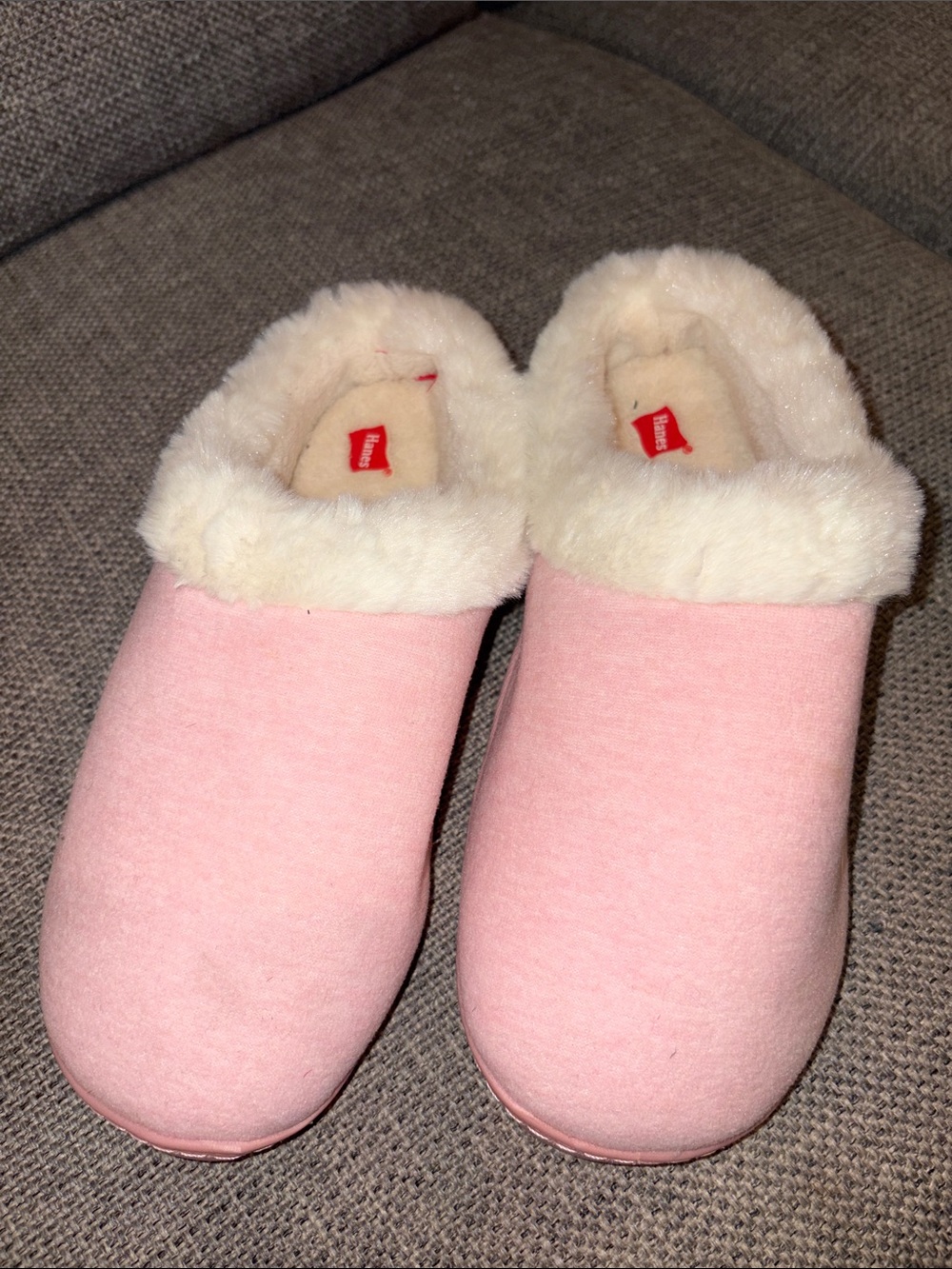 Hanes Women's Pink Plush Slippers with Cream Faux-Fur Collar